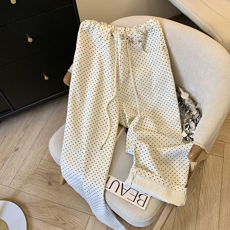 

Корейские модные джинсовые брюки в горошек с завязками, женские шикарные джинсы с высокой талией и широкими штанинами, уличная одежда, повседневные свободные брюки