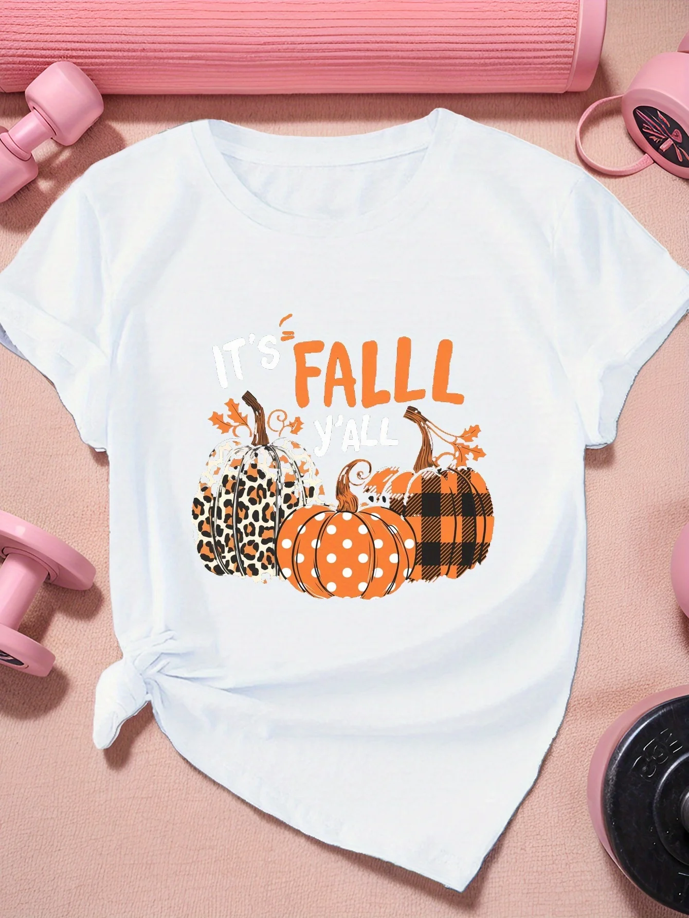 Three Unique Fall Pumpkin Pattern Printed Female Casual Round Neck Short Sleeved Tops for Summer Casual Women's Clothing