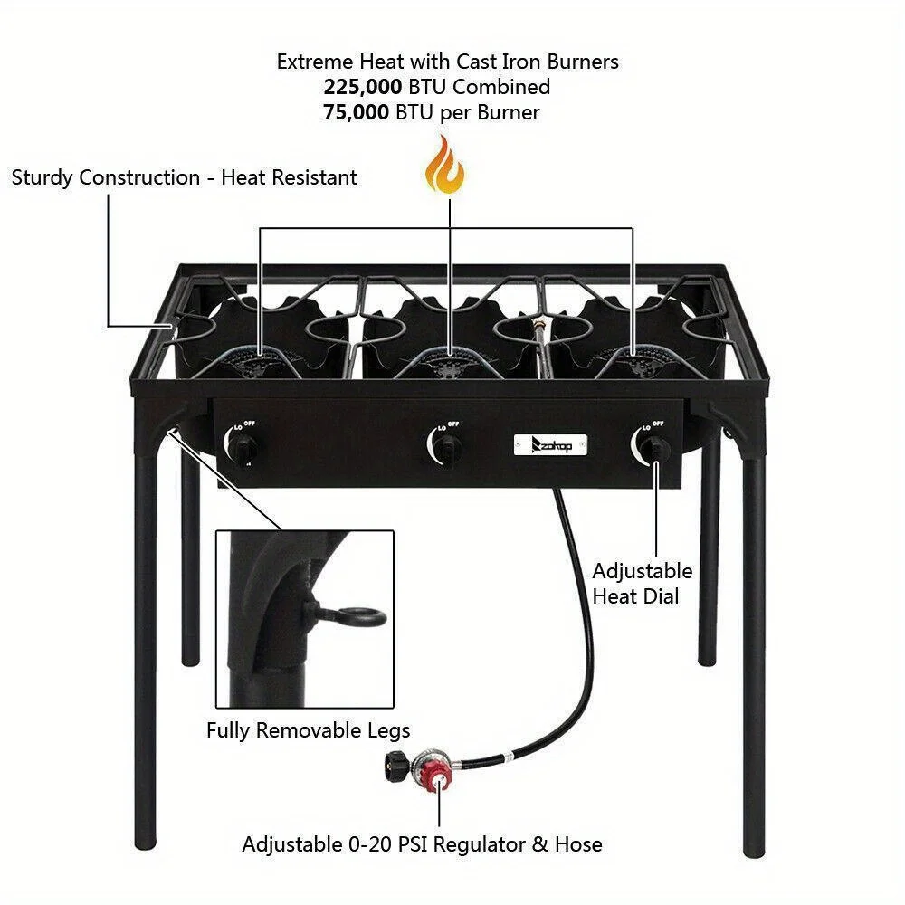 225000 BTU Propane Stove 3 Burner Gas Outdoor Portable Camping Party BBQ Grill