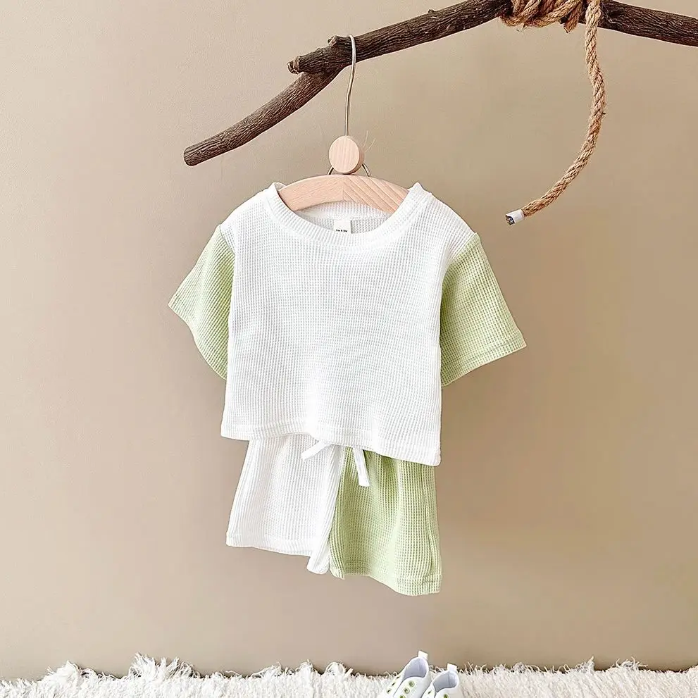 Newborn Baby Girl Clothes Boys Sets Waffle Top Casual Short T-shirt+Shorts Sports Sets Splicing Colors Summer Baby Clothes