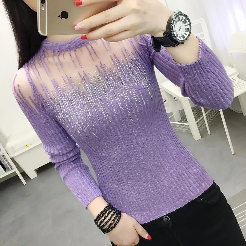 

With Rhinestones Ladies Pullovers Trend on Promotion Autumn Winter 2025 Elegant Original Wear To Work Mesh Women's Knit Sweater