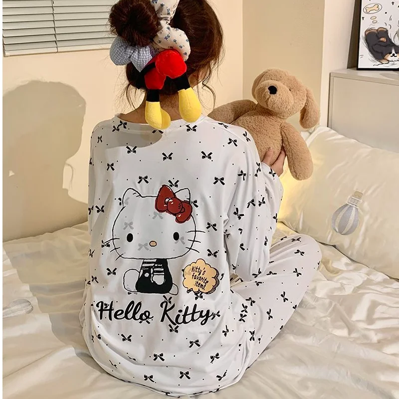 

Роскошный комплект пижам Sanrio Hello Kitty, весенние ночные рубашки с героями мультфильмов Kawaii, ночная рубашка с длинными рукавами и брюками, женская домашняя одежда, Новое поступление