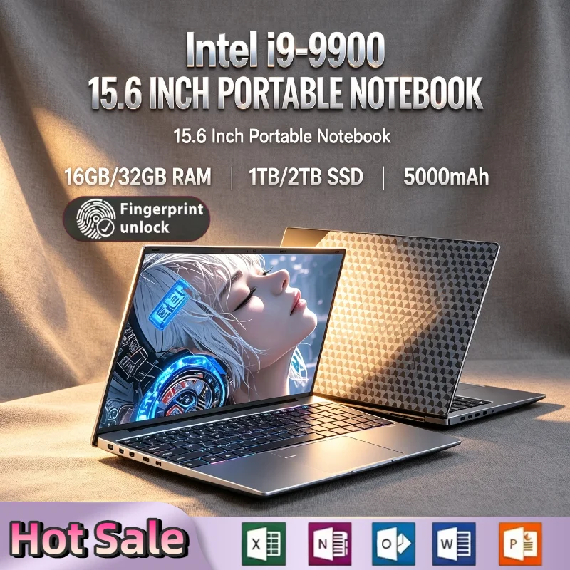 Intel i9 9900 15.6 Inch Laptop 8C 16T 5.0GHz Turbo Fingerprint Unlock Backlit Keyboard Ultra Slim High Performance Max