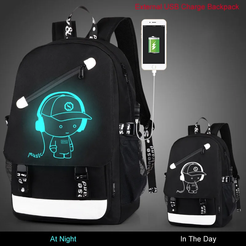 Luminous Anti Theft Backpacks Men USB Charge Canvas Rucksack Boys Laptop Schoolbag For Teenage Girls Students Print Bag XA163C