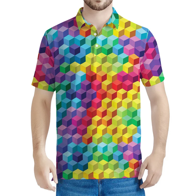 Kaus Polo motif geometris untuk pria, kemeja berkerah motif 3D kasual lengan pendek motif geometris, kaos Polo kancing jalanan musim panas