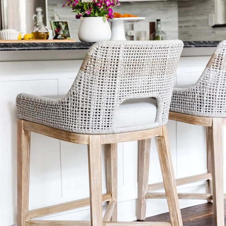 

Wholesale Rattan Patio Custom Rope Outdoor Stackable High Counter Stool Kitchen Bar Wooden Chair