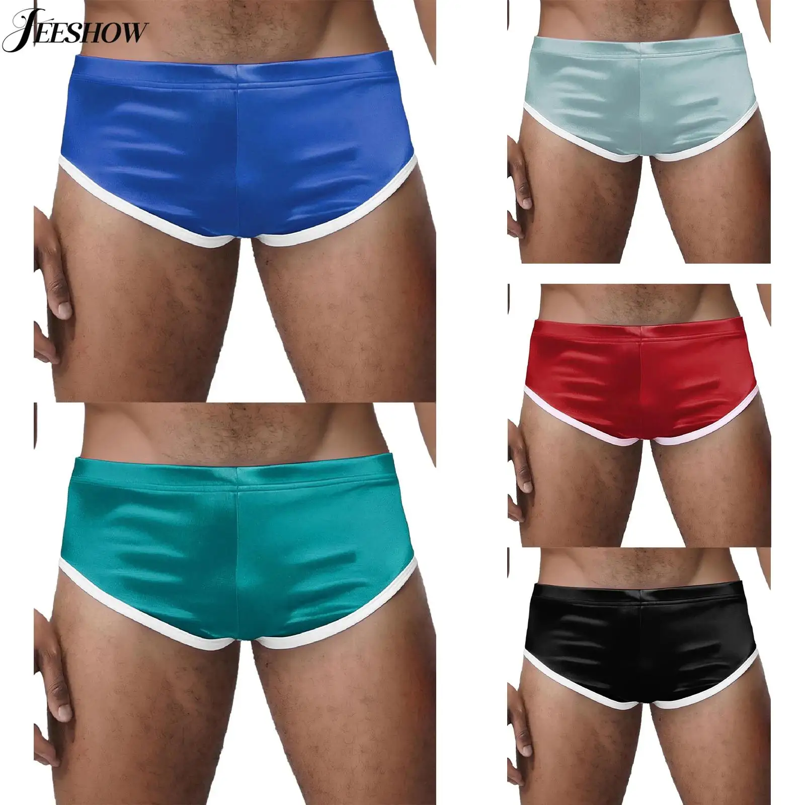 

Mens Satiny Elastic Waistband Boxer Shorts Color Block Hemming Low Rise Side Slit Ultra Shorts for Running Beach Loungewear