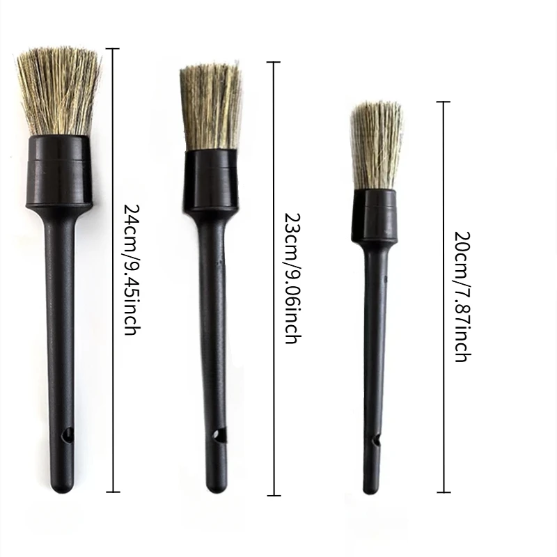 3 Pcs Natural Boar Hair Car Detailing Brush Set Soft Bristle Car Cleaning Brush Kits Tire wheel Wash Exterior Accessories