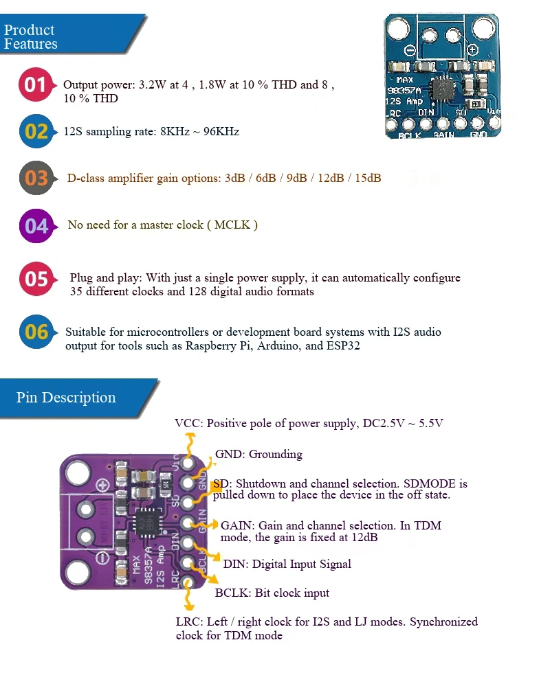 MAX98357A Audio-Verstärkermodul 3006 I2S 3W Class D Verstärker, filterlose DIY-Leistungsverstärkerplatine – Detail 3