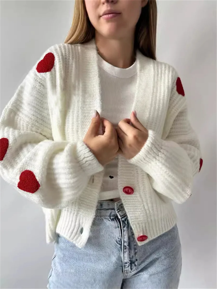 Women Valentine’s Day Fall Short Sweaters Cardigan Long Sleeve O-Neck Buttons Up 3D Heart Patchwork Knitwear Jumpers