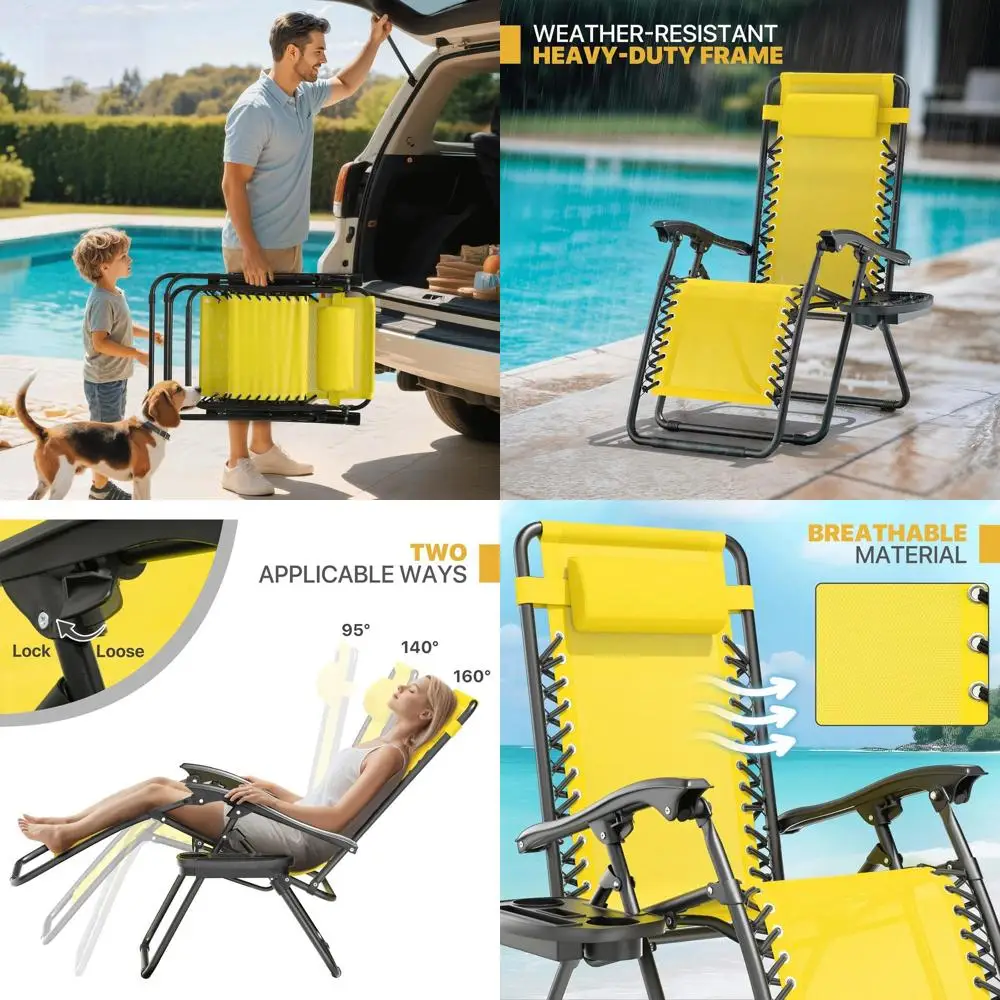 

Пара уличных кресел-реклайнеров с функцией нулевой гравитации и боковыми столиками, регулируемые кресла-реклайнеры для патио, газона, пляжа, желтые