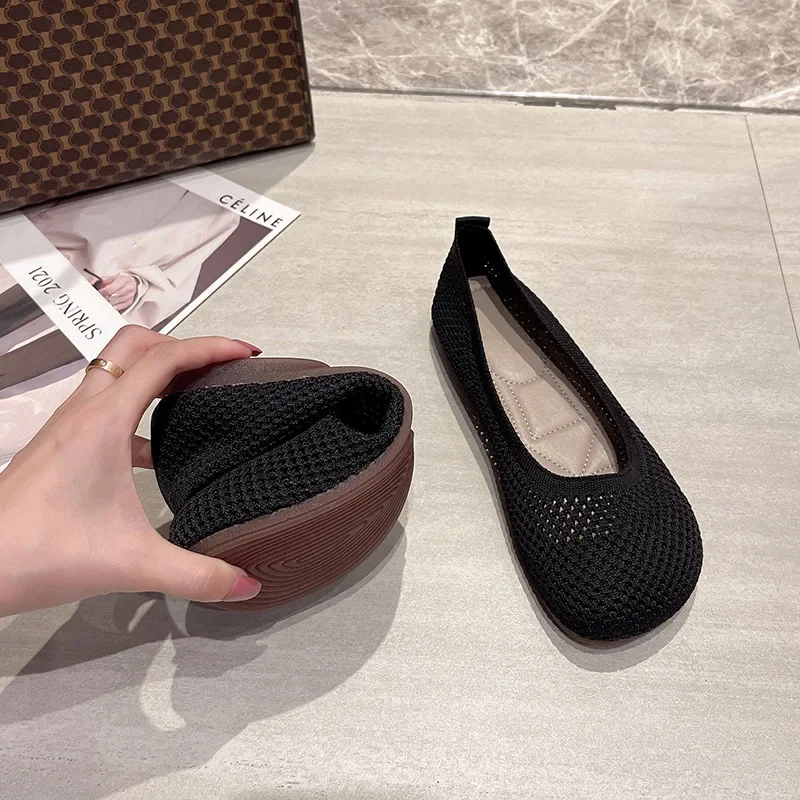 Women Shoes Large Size Spring Summer 2024 New Knitted Large Toe Flat Shoes Simple Solid Breathable Soft Sole Outdoor Zapatos