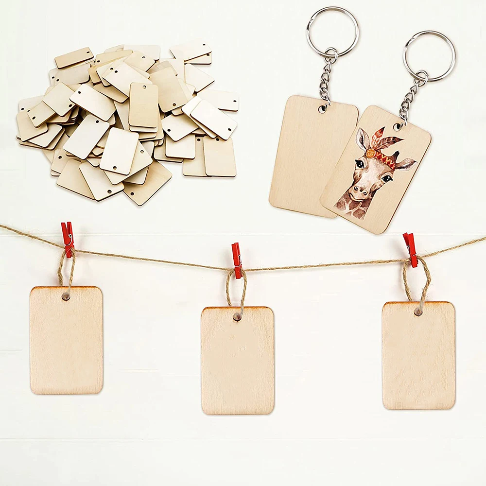 60Pcs Blank Rectangle Wooden Keychain Set Unfinished Wood Slices with Keychain Key Tags for DIY Craft Supplies