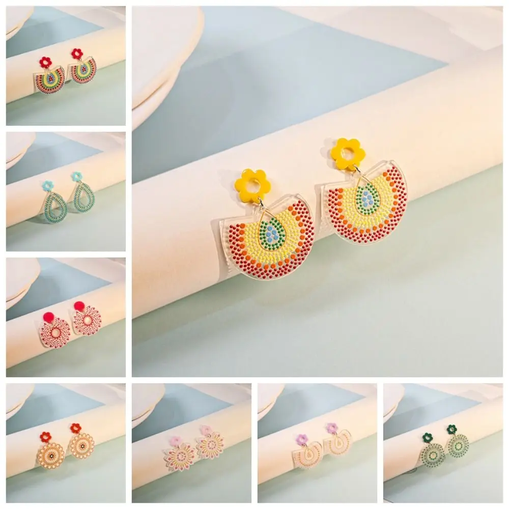 Bohemian Style Colored Flower Earrings Geometric Creative Round Polka Dot Earrings Fashion Versatile Semicircle Eardrop Girl