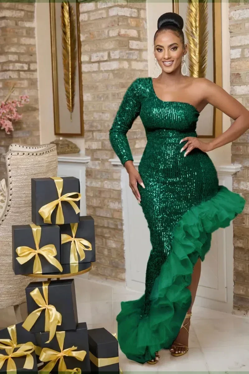 

GUWU Sequined One Shoulder One Long Sleeve Ruffles Side High Split Midi Maxi Dress Sexy Party Long Dresses Women Vestido