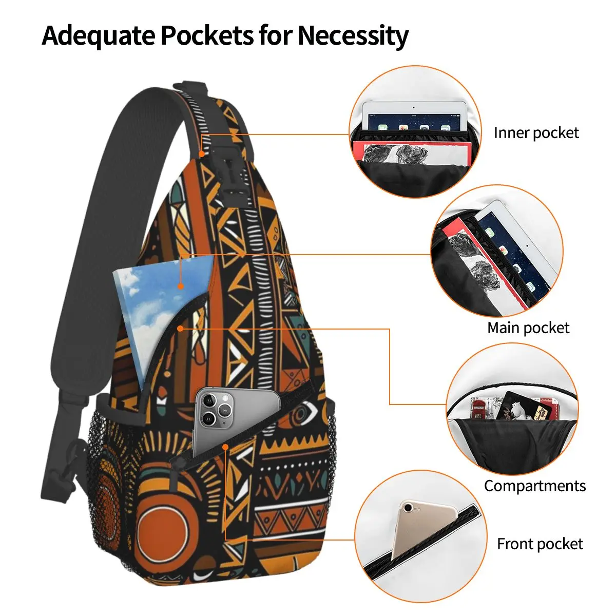 Cool African Ethnic Tribal Art Pattern Africa Ankara Print Chest Bag Men Sling Crossbody Backpack Chest Bag Daypack Shoulder Bag