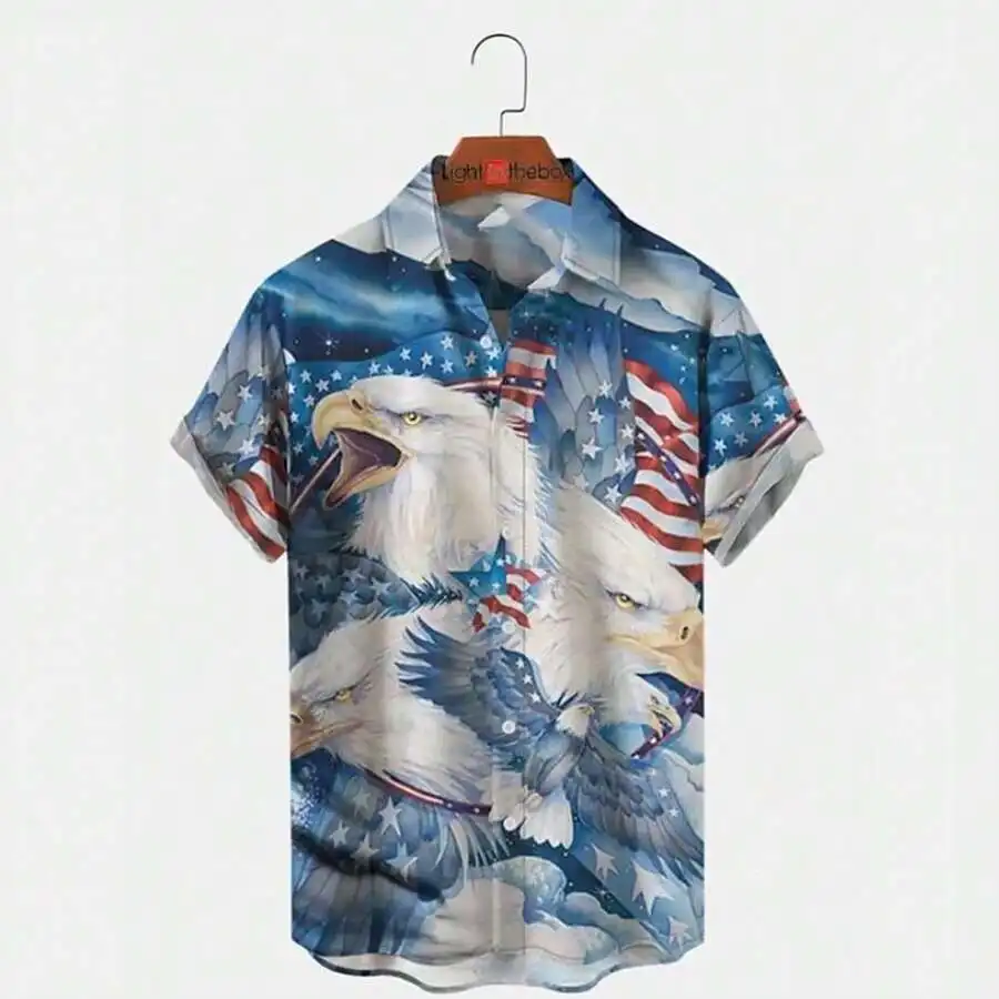 

Mens American Flag Eagle Print Short Sleeve Button Up Casual Shirt