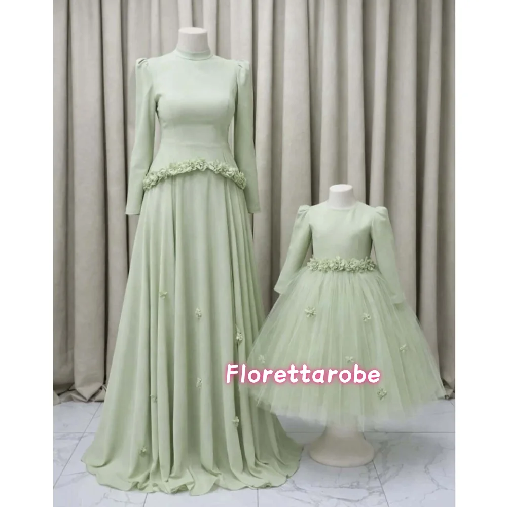 

Customized Long Sleeves A-Line Prom Dresses High Neck Pleated Evening Dress 3D-Flowers Floor Length Party Gowns
