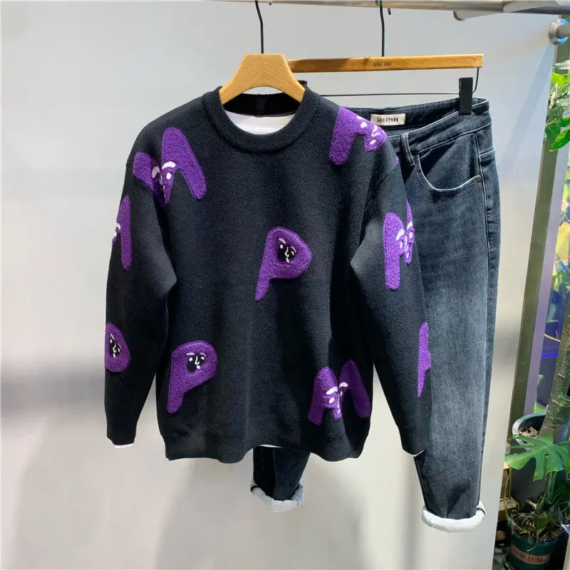 

2025 New Autumn and Winter Letter Printed Pullover Knitted Sweater Fashionable Slim Warm Inner Top Men's Clothing Sweater