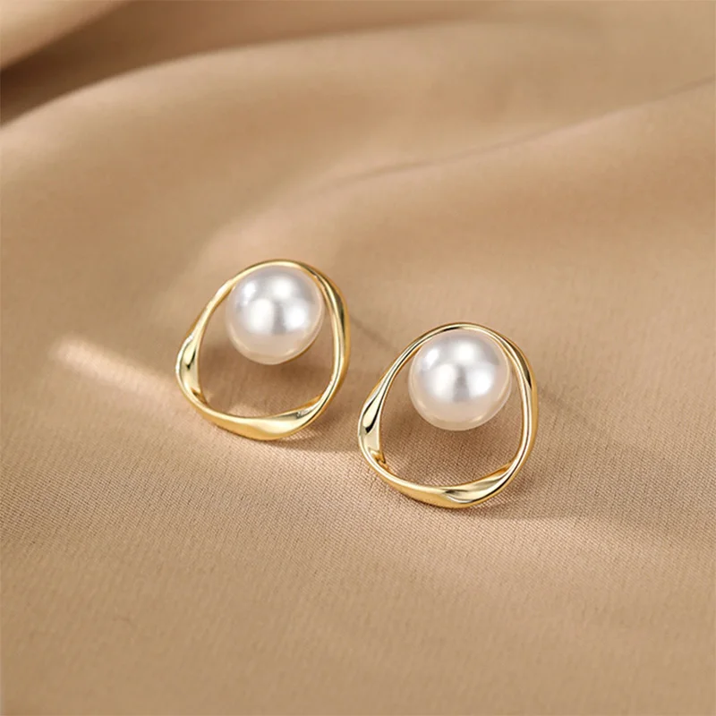 Foxanry 불규칙 기하학적 진주 스터드 귀걸이 여성용, 심플하고 우아함, 달콤한 알레르기 방지, 웨딩 신부 주얼리 선물