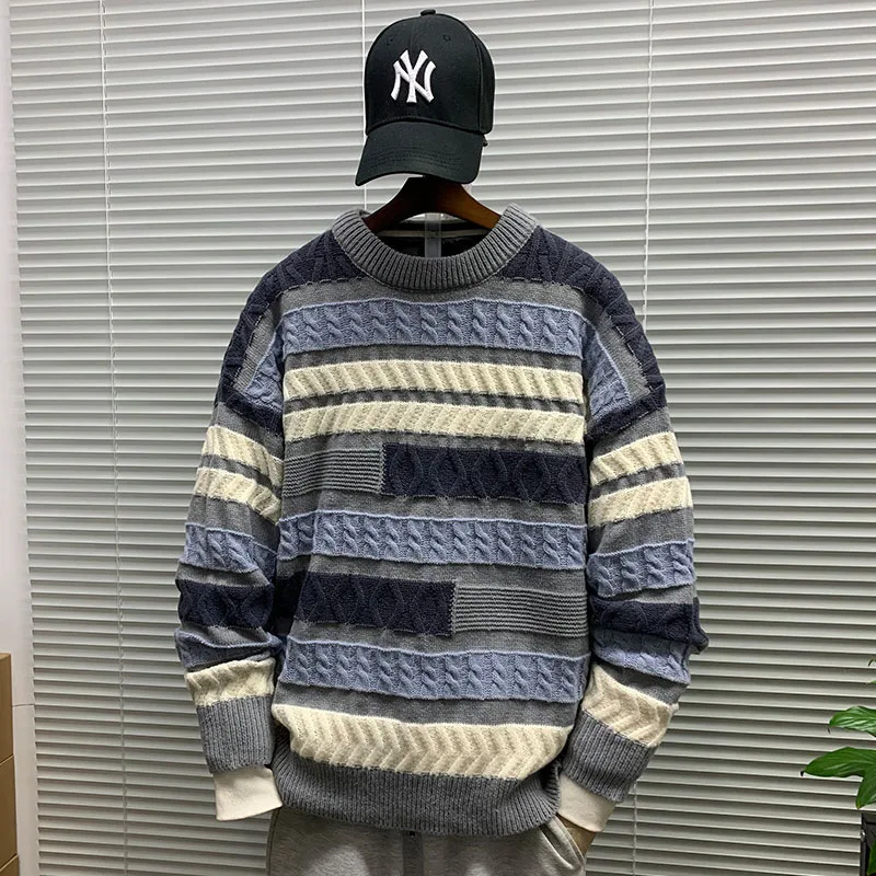 

New Fashion Striped Sweaters Men Vintage Streetwear Long Sleeve Knit Sweater Unisex Winter Warm Crewneck Pullovers Tops Clothing