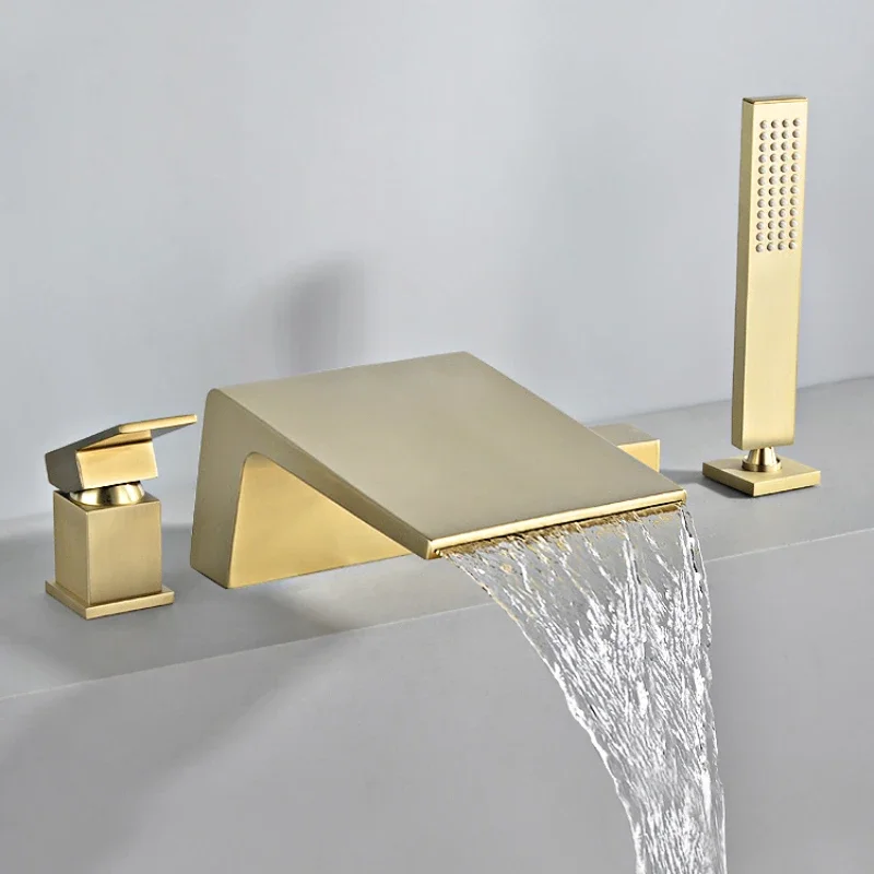 All-copper hot and cold bathtub faucet waterfall water bathroom home brushed gold shower set set of four.