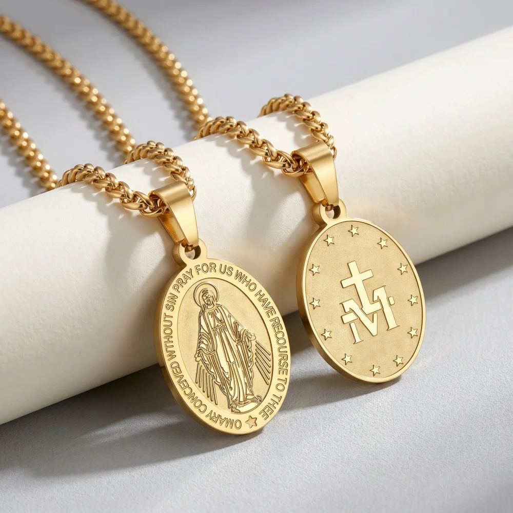 European and American Cross-Border Double-Sided Retro Portrait Cross Stainless Steel Pendant Necklace, Personalized and Fashiona