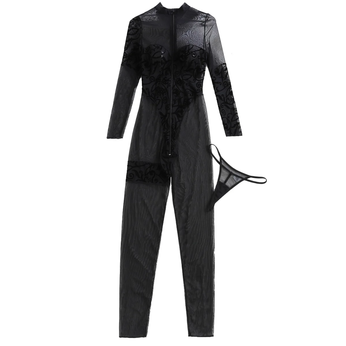

Женский сексуальный романтический костюм с черным узором, вышитый костюм, плотный прозрачный комбинезон на молнии, формирующий костюм с круглым вырезом и длинными рукавами