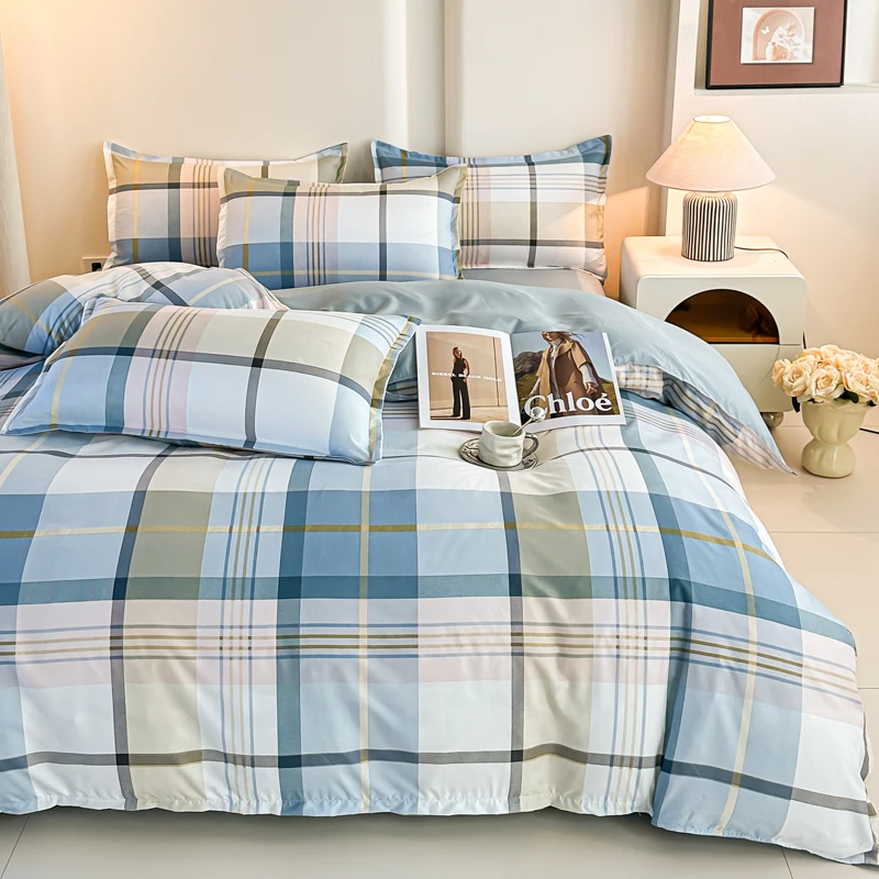 4PCS Blue Plaid Bedding Set Modern Geometric Grid Duvet Cover Set with Pillowcases Soft Breathable Bed Linen for All Seasons - view 2