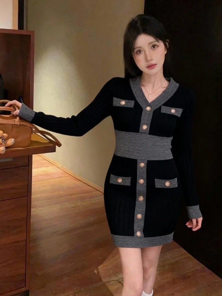 

V-Ne Long Sve Трикотажное платье Женская мода Осень Зима Высокая талия Облегающая юбка Сексуальный ретро-дизайн Bodycon Dr