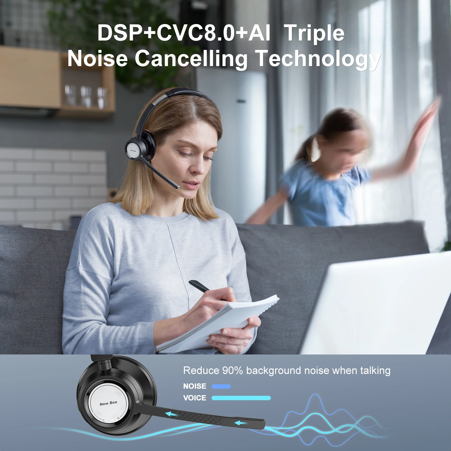 سماعات رأس لاسلكية جديدة Bee BH60P مع قاعدة شحن V5.0 سماعة رأس للمكتب مع ميكروفون مزدوج CVC 8.0 خاصية إلغاء الضوضاء لمركز الاتصال