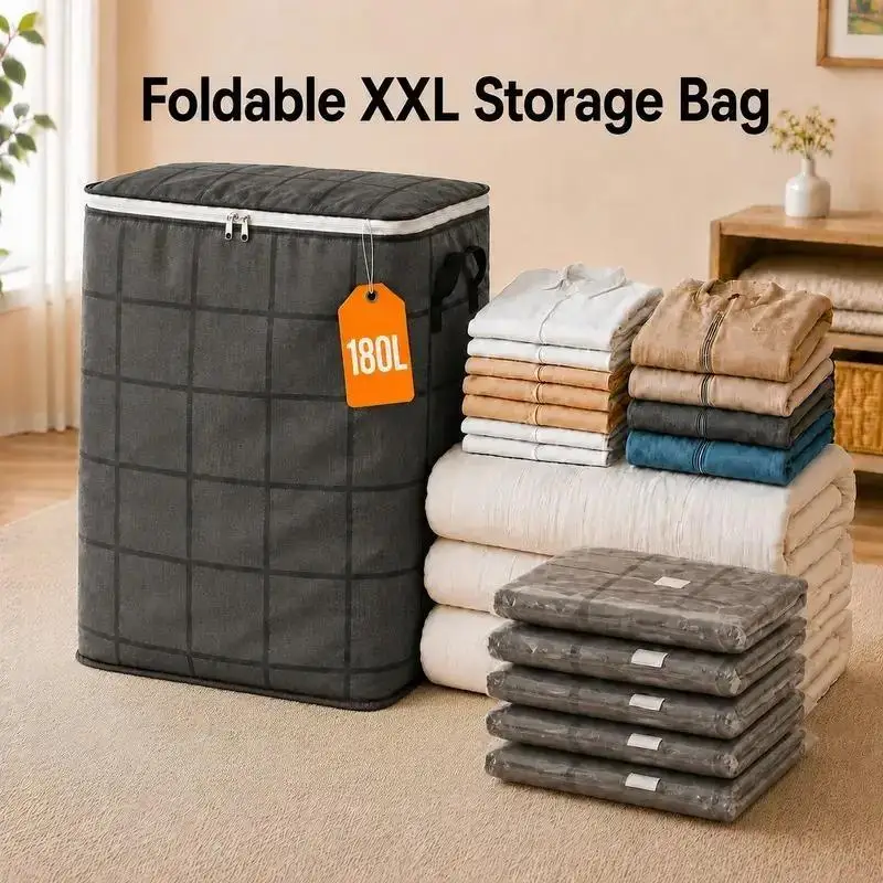 Large Capacity Clothes Storage Bag Foldable Closet Wardrobe Organizer Zippered Dustproof Quilt Blanket Bedding Pillow Storage Box Moisture-Proof Fabric Moving Bag for Home Bedroom Organization