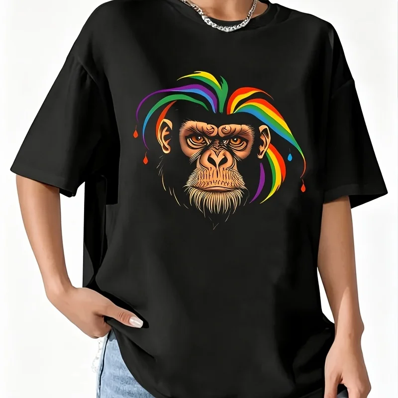 Serious Monkey with Rainbow Jester Hat & Colorful Raindrops Women's 100% Cotton T-Shirt Fun Print Short Sleeve Top Casual Round Neck Tee S-5Xl