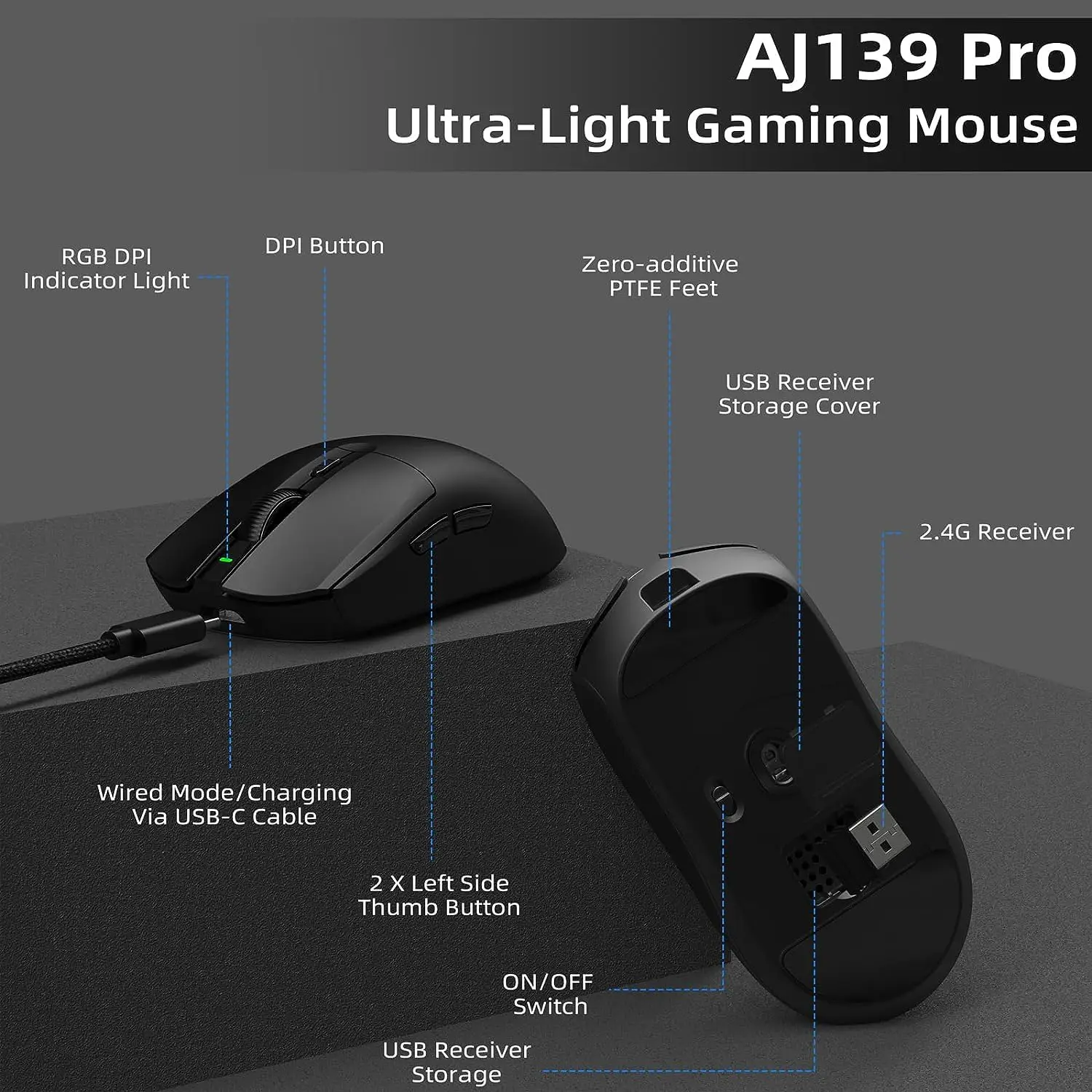 Ajazz AJ139pro ไร้สาย 2.4G Dual Mode Gaming Mouse PAW3395 Sensor Ergonomic USB ชาร์จ DPI 26000 Optical เมาส์คอมพิวเตอร์