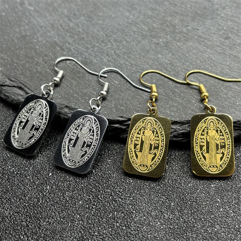 Saint Benedict Christian Dangle Earrings for Women Stainless Steel Gold Silver Color Sqaure Catholic Drop Earring Jewelry bijoux