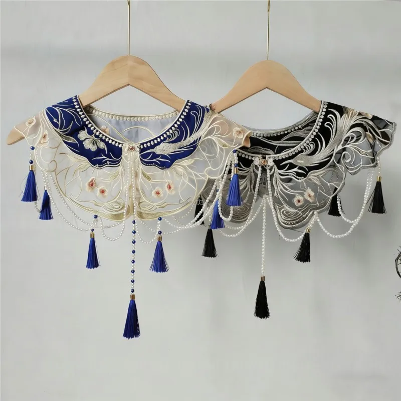 Chinese Hanfu Cloud Shoulder with Phoenix Pearl Tassel Embroidery, Bridal Shawl, Hanfu Embroidered Fake Collar for Adults