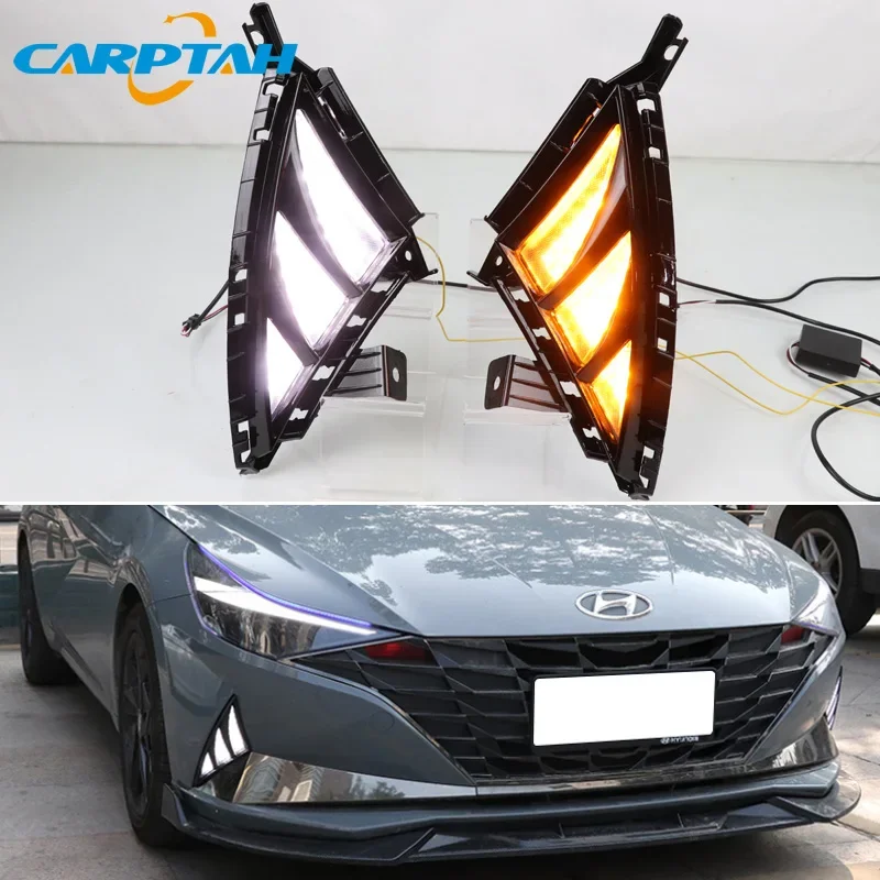 Car LED DRL 12V Daylights For Hyundai Elantra 2021 2022 Yellow Turn Signal Daytime Running Light Car Foglamp