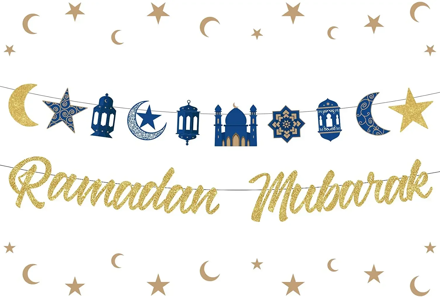 

Ramadan Kareem Decoration Blue Gold Star Crescent Moon Lantern Wall Decor Ramadan Mubarak Banner Eid Home Celebration for Muslim