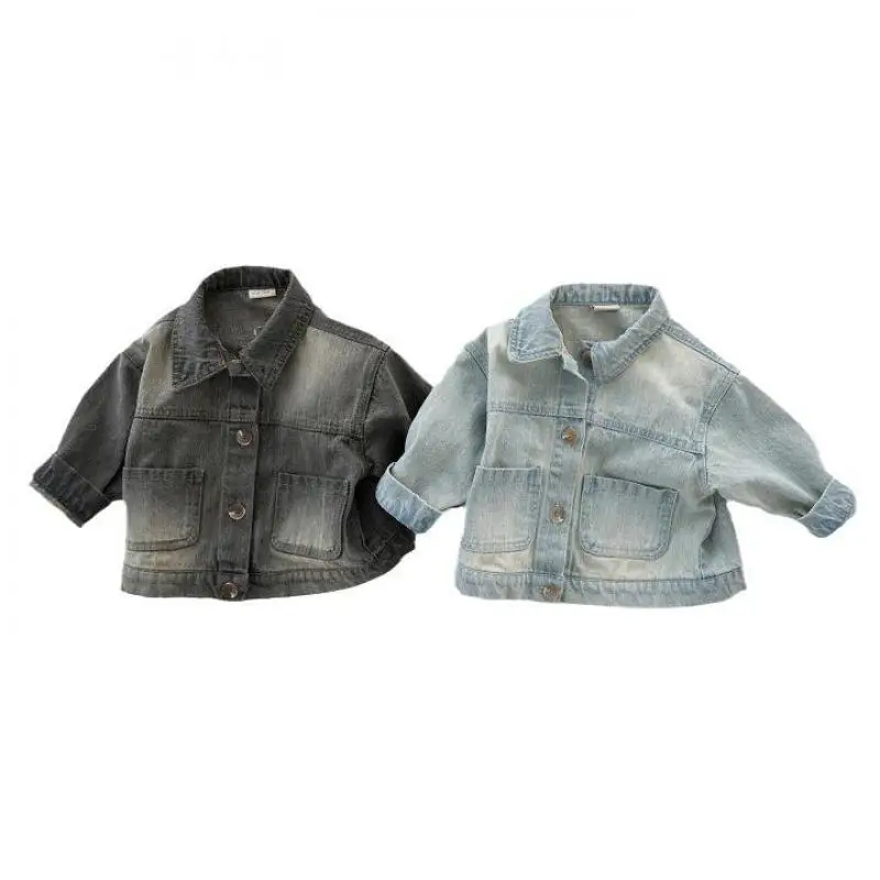 2024 Autumn New Girls Denim Jacket Children Long Sleeve Lapel Coat Solid Baby Single Breasted Tops Kids Boys Outerwear Clothes