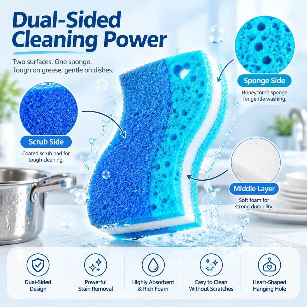 CXCY S-Shape Dual-Sided Kitchen Sponge, Scrub Sponge for Dishes Pots Pans, Cleaning Tool Sponge Scouring Pad, Oil Stain Removal
