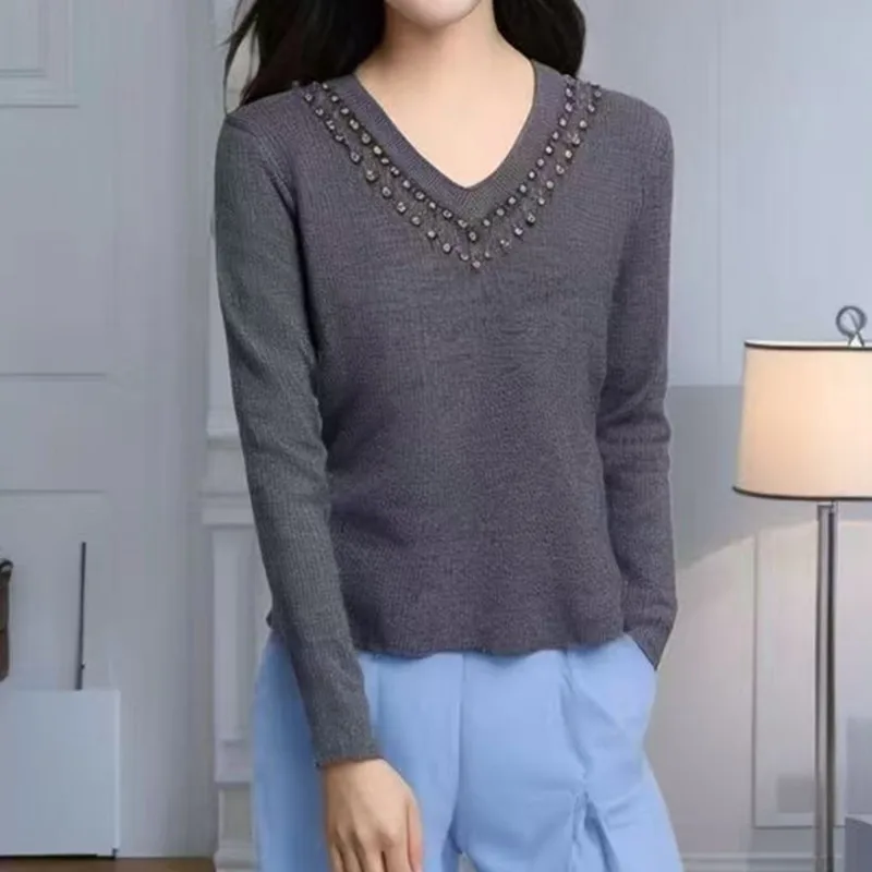 البلوزات الديكور الخامس الرقبة محبوك سترة المرأة البلوفرات جديد أبيض كم طويل متماسكة سترة البلوز النساء بلايز تريكو Q1796 #4