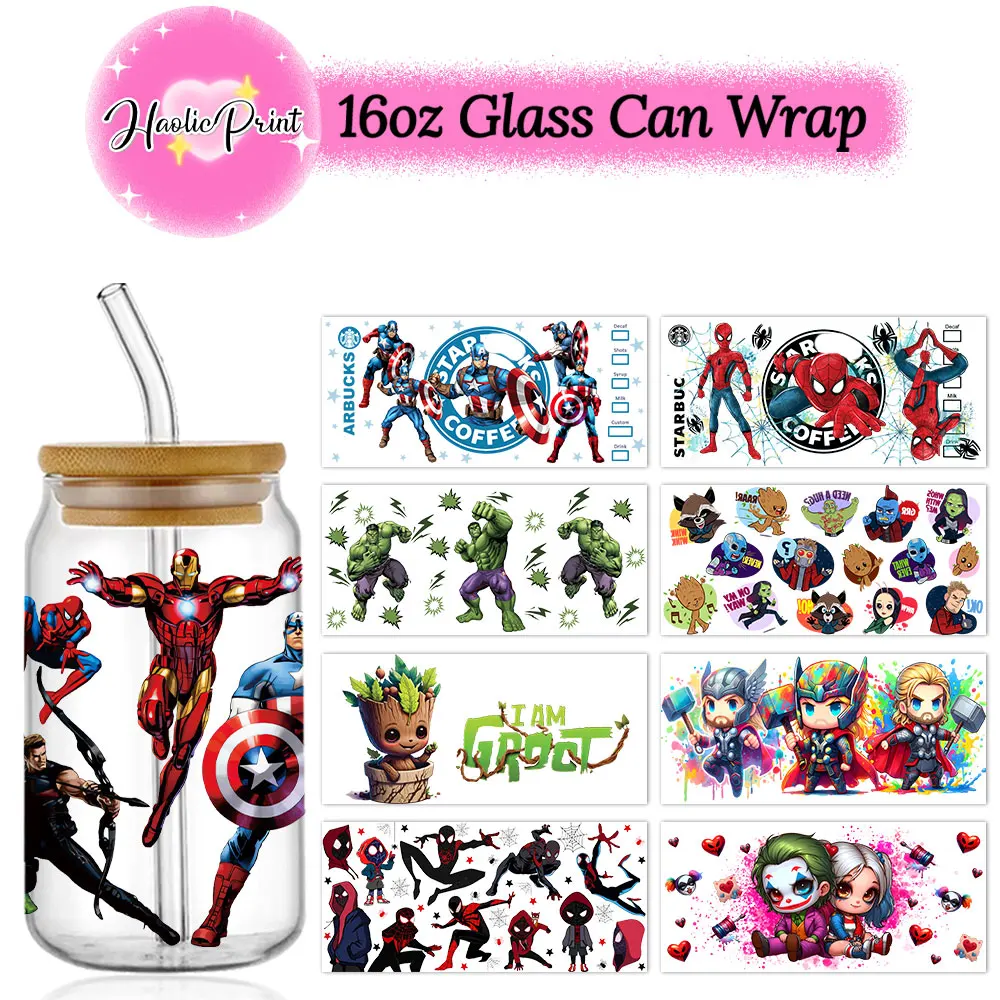 Marvel UV DTF Libbey Glass Can Wrap 16oz Libbey Glass Can Transfer Sticker Spider Iron