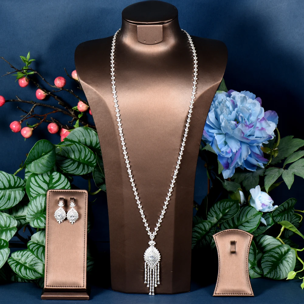 

HIBRIDE Long Tassel Water Drop Sweater Necklace Earring Sets For Women Bridal Wedding Cubic Zirconia Dubai Party Jewelry N-1273