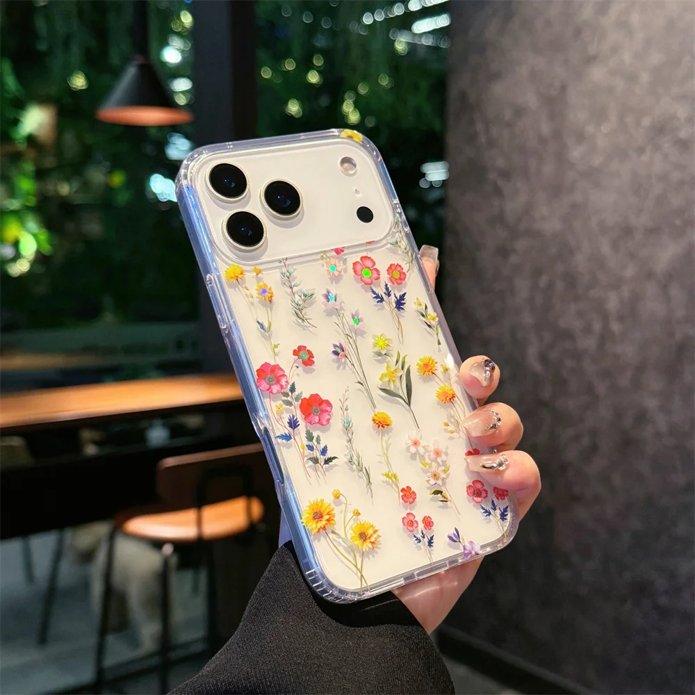 Laser Flowers Transparent Case for iPhone 17 Pro Max/16/15/14/13/12/11 Airbag Shockproof Hard PC Protection Funda iPhone 17 Air