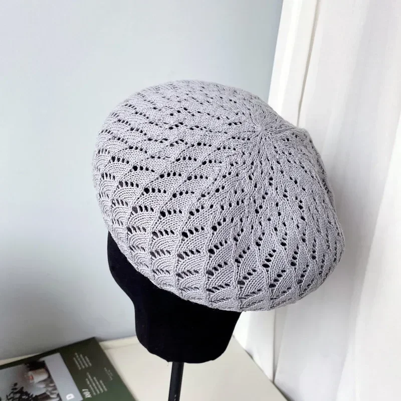 Sombreros de boina de verano para mujer, Gorro plano de punto, Boina hueca, sombrero de pintor francés, gorra para el sol