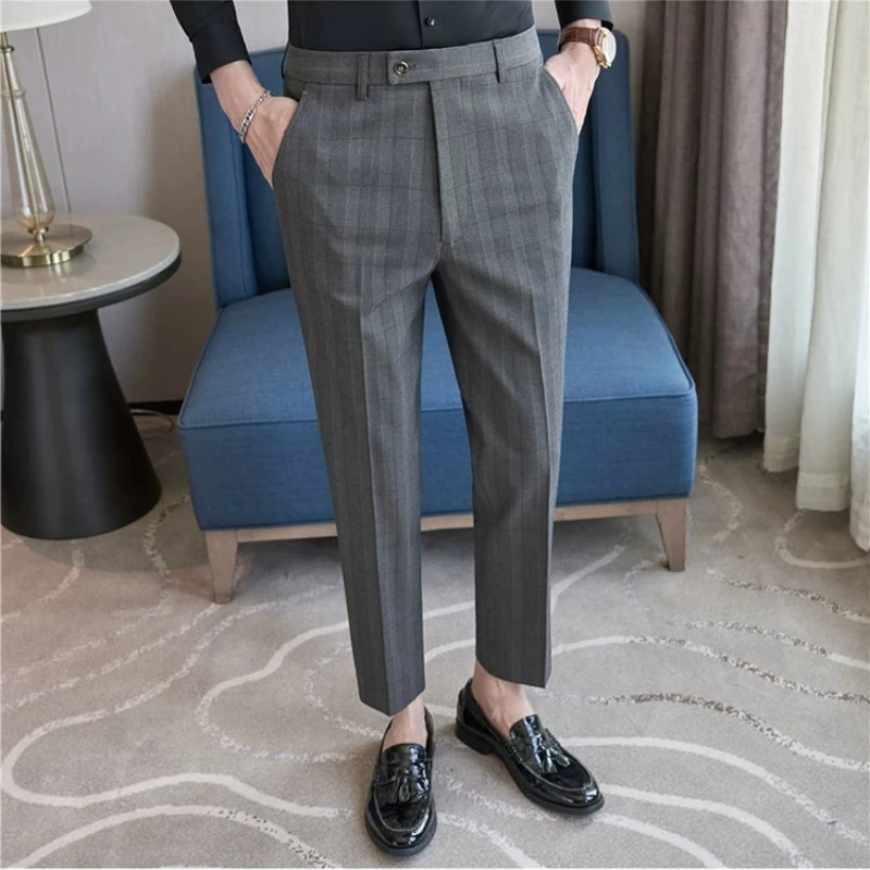 Spring/Fall High-End Khaki Plaid Pant for Men,Mid‑Waist Office Dress Pants,Dark Gray Slim-Fit  Men's Business Casual Trousers