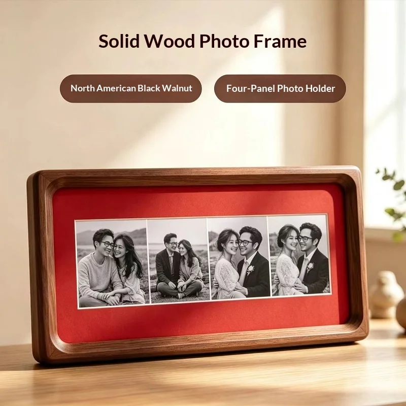 Black Walnut Wood Tenon Photo Frame, 4 Openings Collage Picture Frame, Retro Long Tabletop Display Frame Home Decor