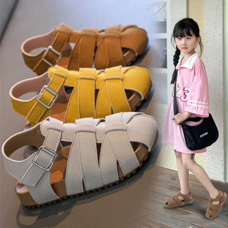 

Kids Sandals 2025 Solid Color Woven Casual Shoes For Baby Girls Soft Sole Anti-slip Girls Wrap Toes Shoes Sandals