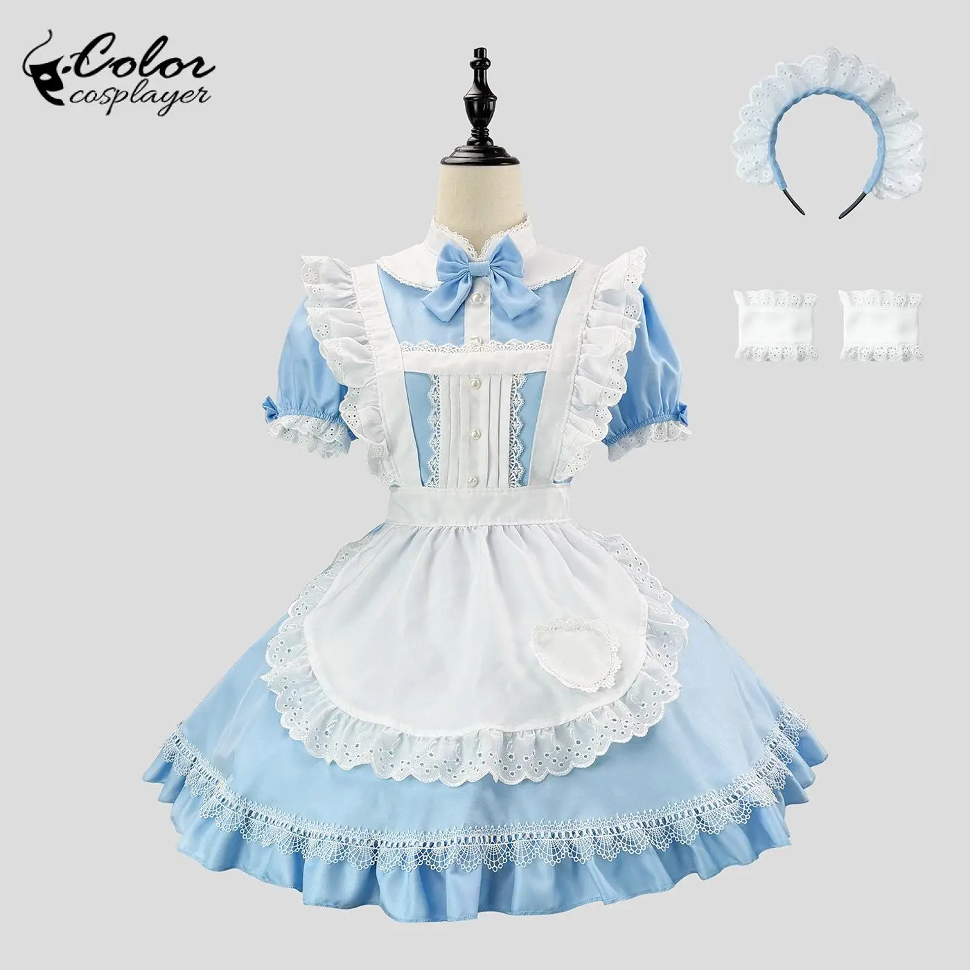Farbiges Cosplayer-Kostüm „Alice im Wunderland“ – Hellblaues Lolita-Kleid für Damen, Cosplay-Uniform-Outfits mit Schürze, Stirnband und Manschetten