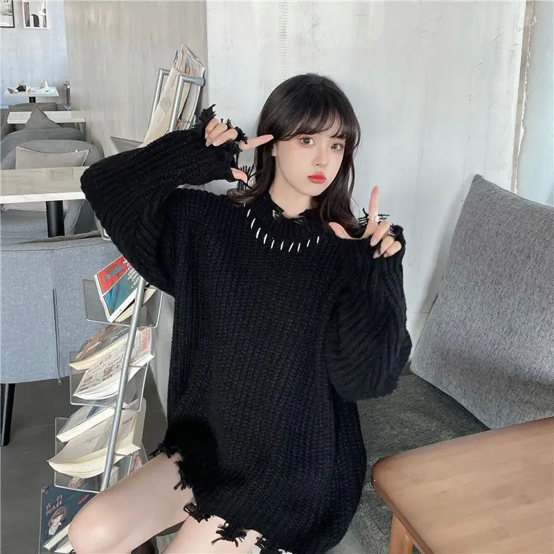 Deeptown Black Ripped Sweater Women Vintage Knitted Jumper Korean Fashion Knitwear Goth Streetwear Oversize Aesthetic Streetwear